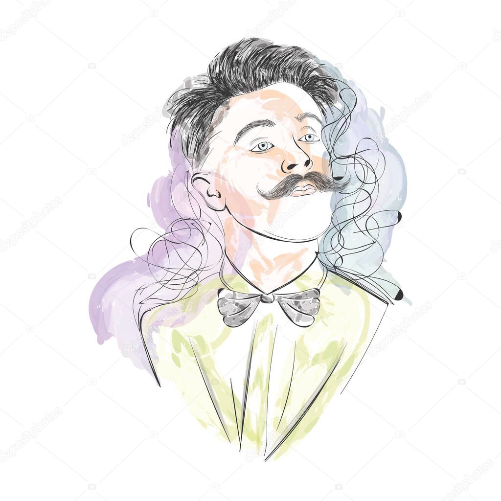 Isolated watercolor sketch of a hipster with bowtie and mustache Vector illustration