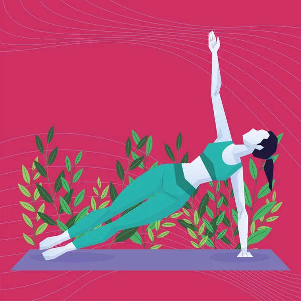 Abstract Meisje Karakter Doen Yoga Oefeningen Natuurlijke Omgeving Vector Illustratie — Stockvector