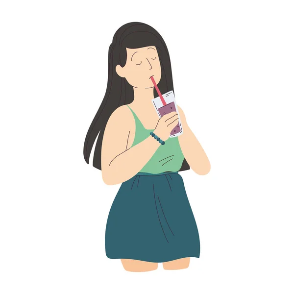 Isolated Cute Young Girl Cartoon Character Enjoying Drink Vector Illustration — Stock Vector
