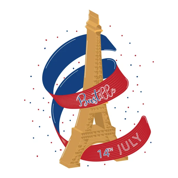 Isolated Eiffel Tower Building Landmark Ribbon Bastille Day Vector Illustration —  Vetores de Stock