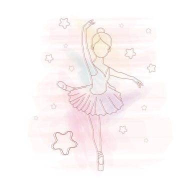 Sketch of a female ballet dancer on a watercolor background with stars Vector illustration