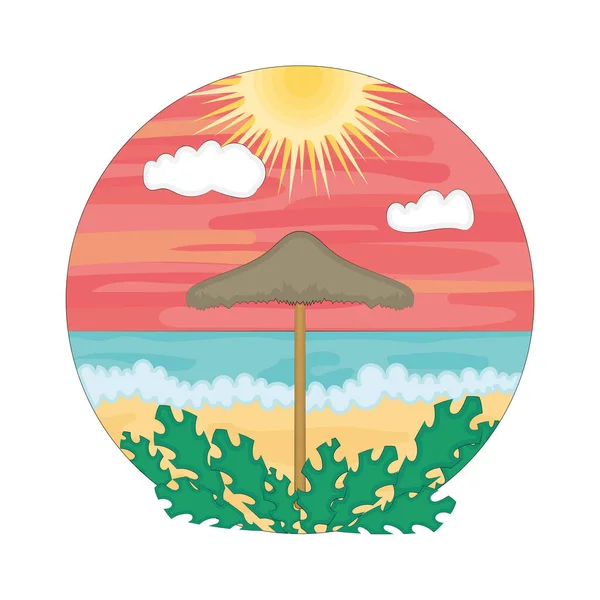 Watercolor summer sunset landscape with leaves Vector illustration