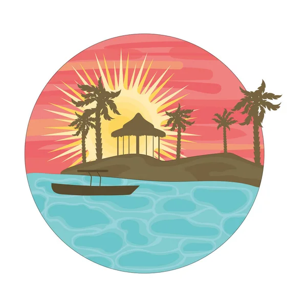 Colored beach landscape with a sunset and silhouette Vector illustration