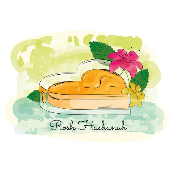 Geïsoleerde Honing Een Hartvorm Met Bladeren Rosh Hashanah Vector Illustratie — Stockvector