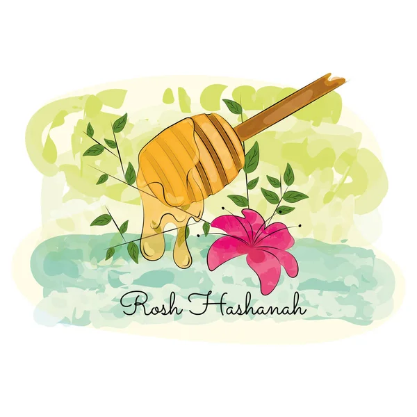 Bastone Miele Colorato Con Fiori Foglie Rosh Hashanah Vector Illustrazione — Vettoriale Stock
