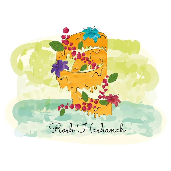 Nastro Acquerellato Con Miele Fiori Rosh Hashanah Illustrazione Vettoriale — Vettoriale Stock