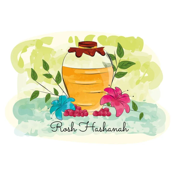 Gekleurde Honingpot Met Bladeren Bloemen Rosh Hashanah Vector Illustratie — Stockvector