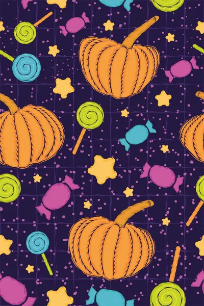 Halloween Senza Soluzione Continuità Modello Sfondo Con Caramelle Zucche Vettoriale — Vettoriale Stock