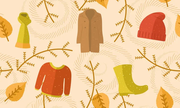 季節の服で色の秋のシームレスなパターンの背景ベクトルイラスト — ストックベクタ