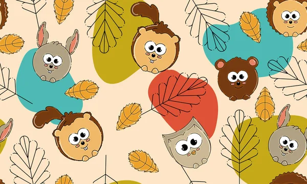 かわいい動物と色の秋のシームレスなパターンの背景ベクトルイラスト — ストックベクタ