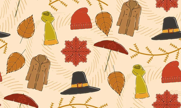 季節の服で色の秋のシームレスなパターンの背景ベクトルイラスト — ストックベクタ