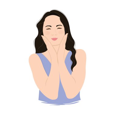 İzole edilmiş sevimli kız avatarı kendine sarılmış Vektör çizimi