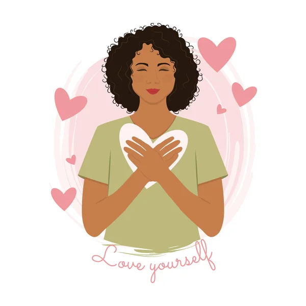 Menina Bonito Com Mãos Seu Coração Auto Amor Vector Ilustração —  Vetores de Stock