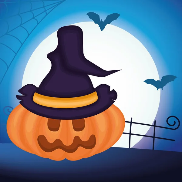 Spookachtige Jack Lantaarn Met Heks Hoed Halloween Invitationele Kaart Vector — Stockvector