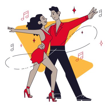 İzole edilmiş tatlı çift dansçı karakterler salsa müzik konsepti Vector illüstrasyonuyla dans ediyorlar.