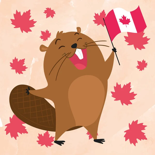 Isolato Castoro Carino Con Una Bandiera Del Canada Felice Giorno — Vettoriale Stock