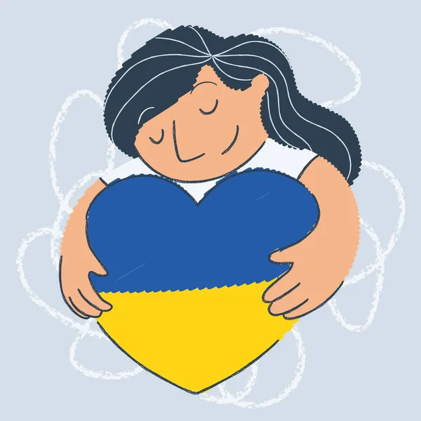Happy Cute Girl Character Holding Heart Shape Help Ukraine Vector — Stock Vector