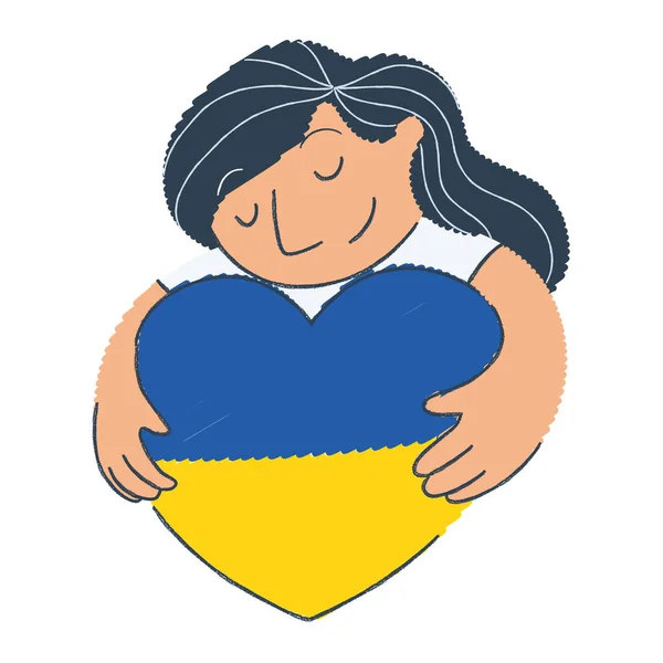 Isolated Sketch Cute Girl Hugging Heart Shape Flag Ukraine Vector — Stock Vector