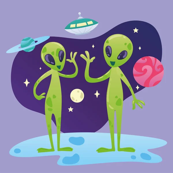 Coppia Simpatici Personaggi Alieni Felici Verdi Illustrazione Vettoriale — Vettoriale Stock