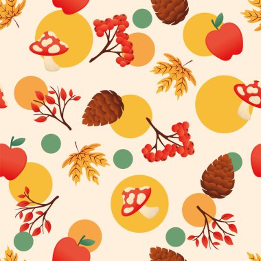 Mantar ve fındık ikonu vektör illüstrasyonlu sonbahar pürüzsüz desen arkaplanı