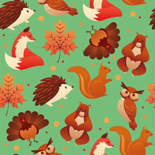 さまざまな動物と秋のシームレスなパターンの背景ベクトルイラスト — ストックベクタ