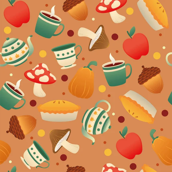 Outono Sem Costura Fundo Padrão Com Alimentos Bebidas Sazonais Ilustração — Vetor de Stock