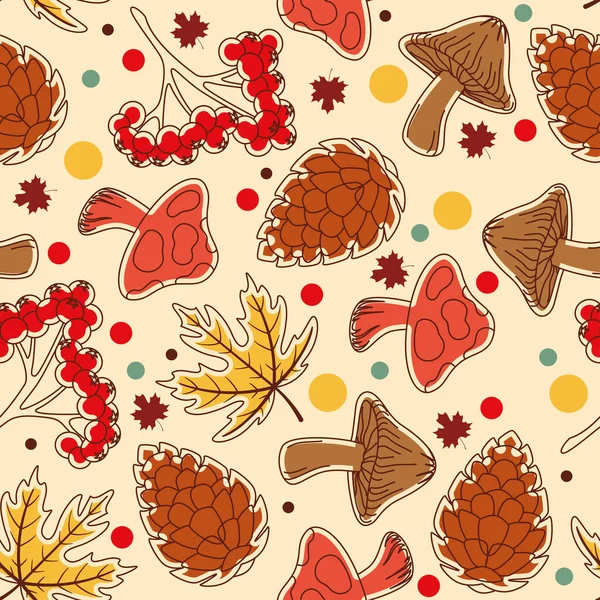 キノコとナッツのステッカーで秋のシームレスなパターンの背景ベクトルイラスト — ストックベクタ