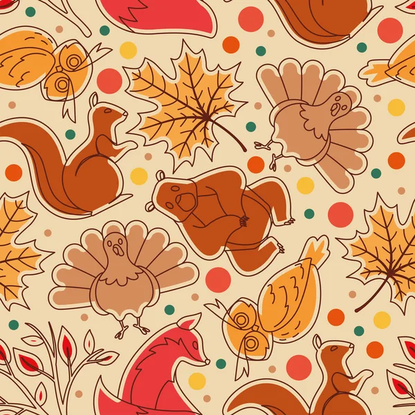 さまざまな動物のステッカーで秋のシームレスなパターンの背景ベクトルイラスト — ストックベクタ