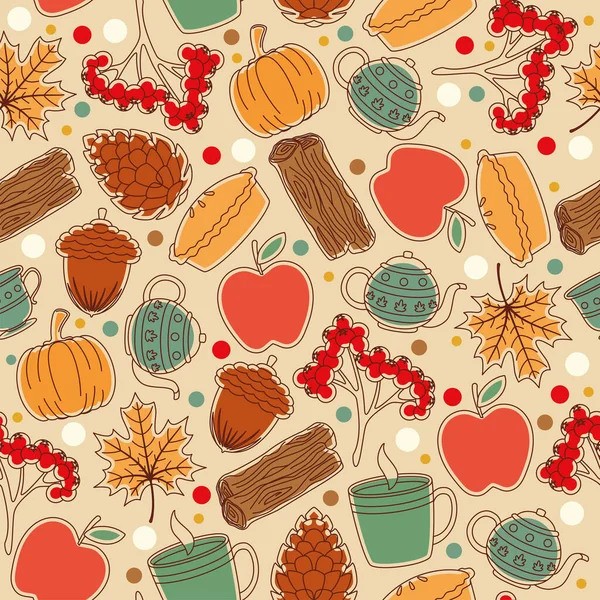 季節の食べ物やドリンクのステッカーと秋のシームレスなパターンの背景ベクトルイラスト — ストックベクタ