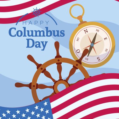Tahta gemi çarkı ve pusula Renkli Kolomb Günü poster illüstrasyonu