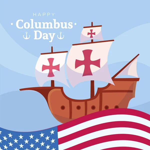 Wooden Caravel Colored Columbus Day Template Vector Illustration — Stock Vector