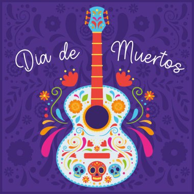 Gitar poster illüstrasyonuyla Dia de los muertos