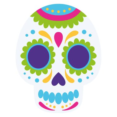 Meksika süslemeleri ve vektör illüstrasyonuyla izole edilmiş şirin iskelet kafası.