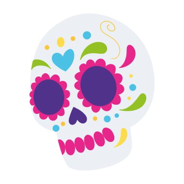 Meksika süslemeleri ve vektör illüstrasyonuyla izole edilmiş şirin iskelet kafası.