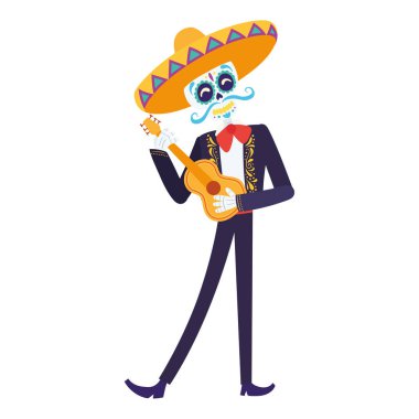 Gitar vektörü illüstrasyonuyla izole edilmiş Meksikalı erkek iskelet karakteri.