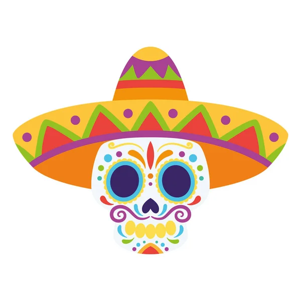 Isolated Cute Head Skeleton Mexican Hat Vector Illustration — Stock Vector