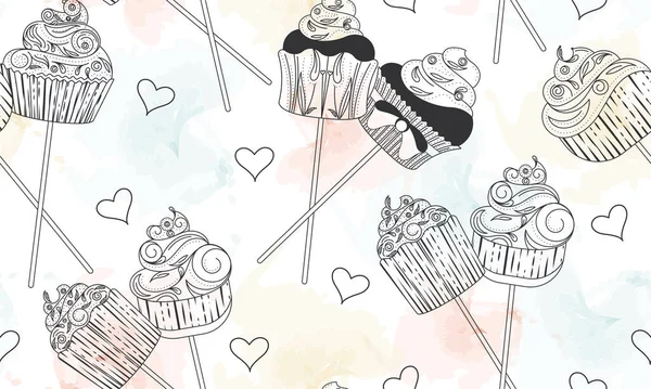 Fondo Patrón Sin Costuras Con Diferentes Cupcakes Ilustración Vectorial — Vector de stock