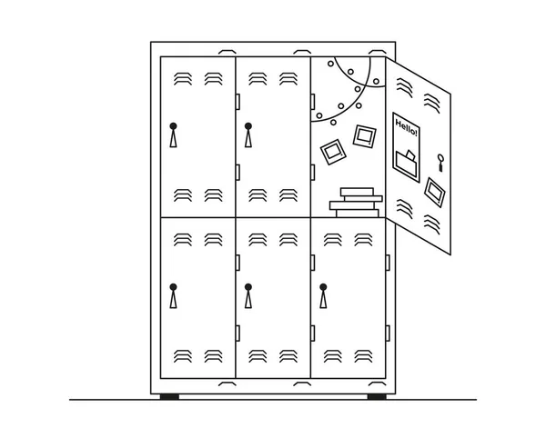 5つの閉鎖された学校のロッカーと1つの線画のスタイルでオープン図面 白黒ベクトルイラスト — ストックベクタ