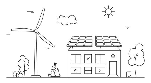 Concept Renewable Solar Wind Energy Neighborhood Line Art Illustration House — Vetor de Stock