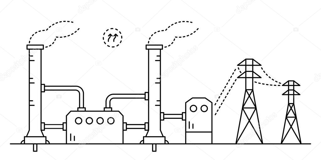 Geothermal power station drawing in line art style. Renewable energy source.