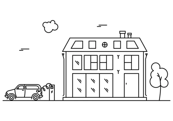 Neighborhood Line Art Concept One House Electric Car Charging — Stock Vector
