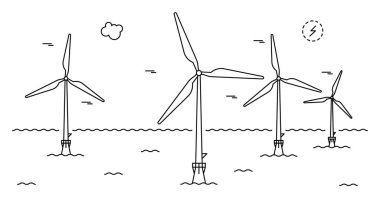Wind turbine farm. Line art style. Green amd smart energy.