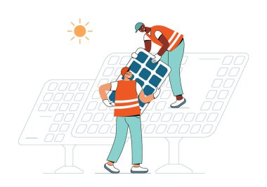 İki işçi bir güneş enerjisi santralinde bir panel kuruyor. Akıllı ve yeşil enerji.