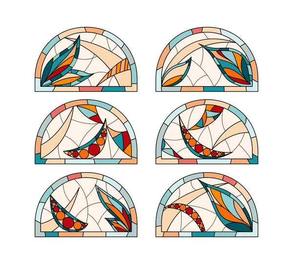 Vitraux Église Ensemble Six Verres Demi Ronds Différents Dessin Dans — Image vectorielle