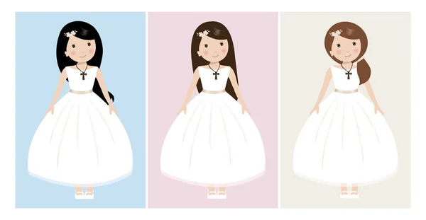 Primera Comunión Niñas Conjunto Con Vestido Blanco Vector Aislado Santa — Vector de stock