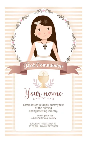 İlk komünyon davetiyesi. Komünyon elbisesi ve çiçek desenli bir kız. İlk kutsal komünyon daveti.