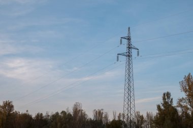 Power line pole, Electrical Pylon, wires, blue sky, clouds clipart