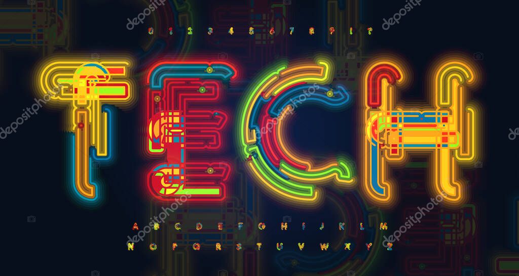 Neon light font, alphabet for hud, data and research. Bright luminous tube letters from contour line. Glowing letters set for cyber logo, computer tech headline. Futuristic vector typographic design.