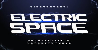 Elektrikli uzay dizisi. Hud arayüz harfleri, VR oyunu, sinema ve müzik kapak başlığı veya logo, otomobil ve bilim tipografisi için yıldırım yazı tipi. Kalın italik alfabe, vektör tipografik tasarım