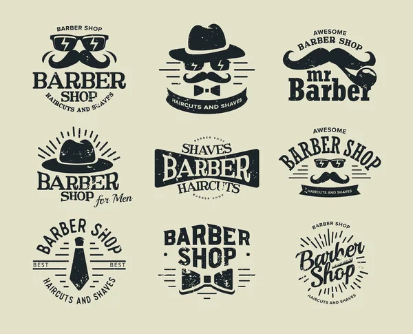 Barbería vector retro logo conjunto. Etiqueta de peluquería Hipster, silueta de caballero con bigote, gafas, corbata y sombreros. Plantilla de logotipo redondo plano vintage. Diseño de concepto de logotipo para peluquería — Vector de stock